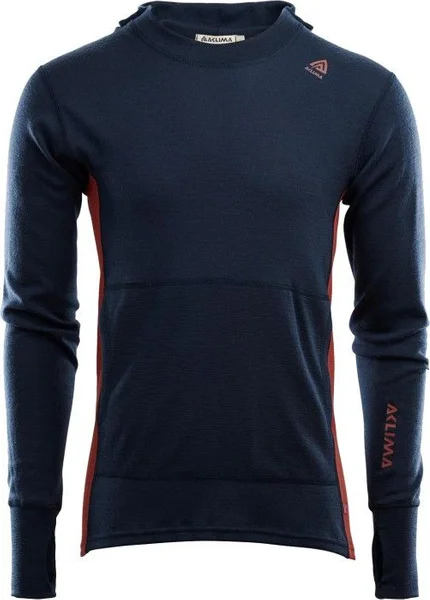 Aclima M's WarmWool Hood Sweater Navy Blazer/Red Ochre Erbjudande