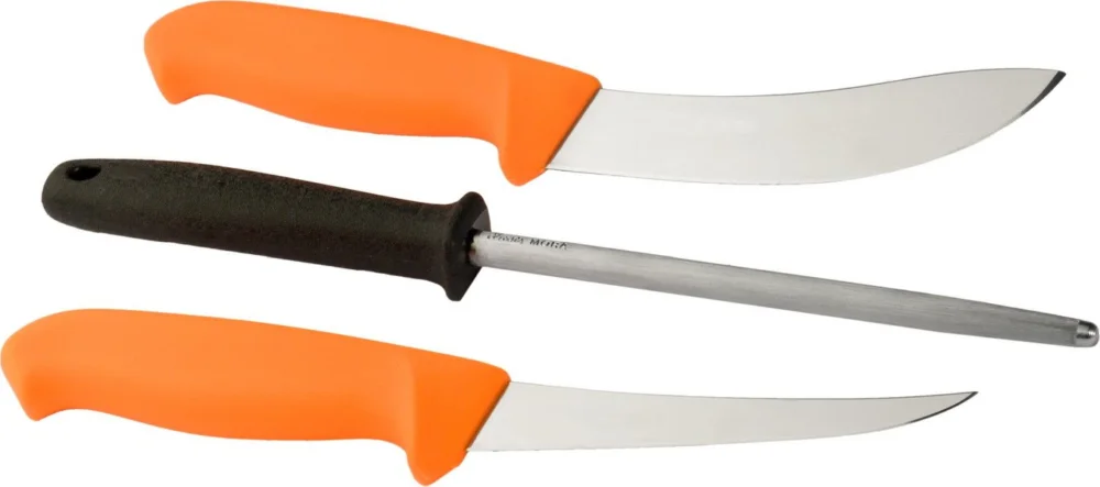 I lager Jaktset Orange 2 Slaktknivar + Brynstål