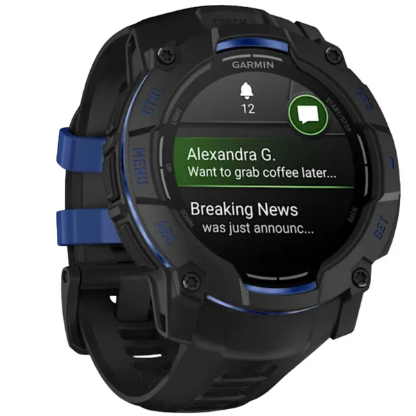 Instinct 3 - 50 mm, Amoled Black With Black/Bolt Blue Silicone Band Bästa pris